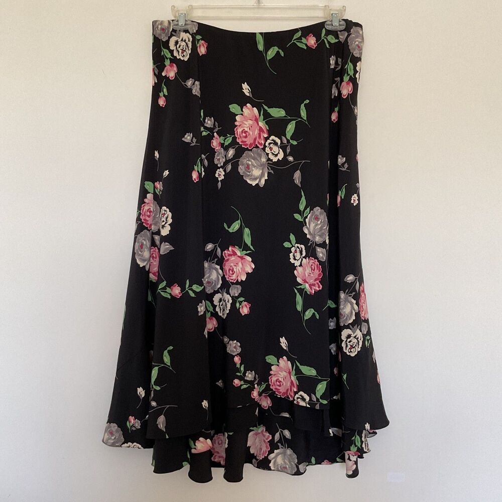 Lauren Ralph Lauren Silk Black Floral Maxi Skirt 14W High Low Tiered Ramantic